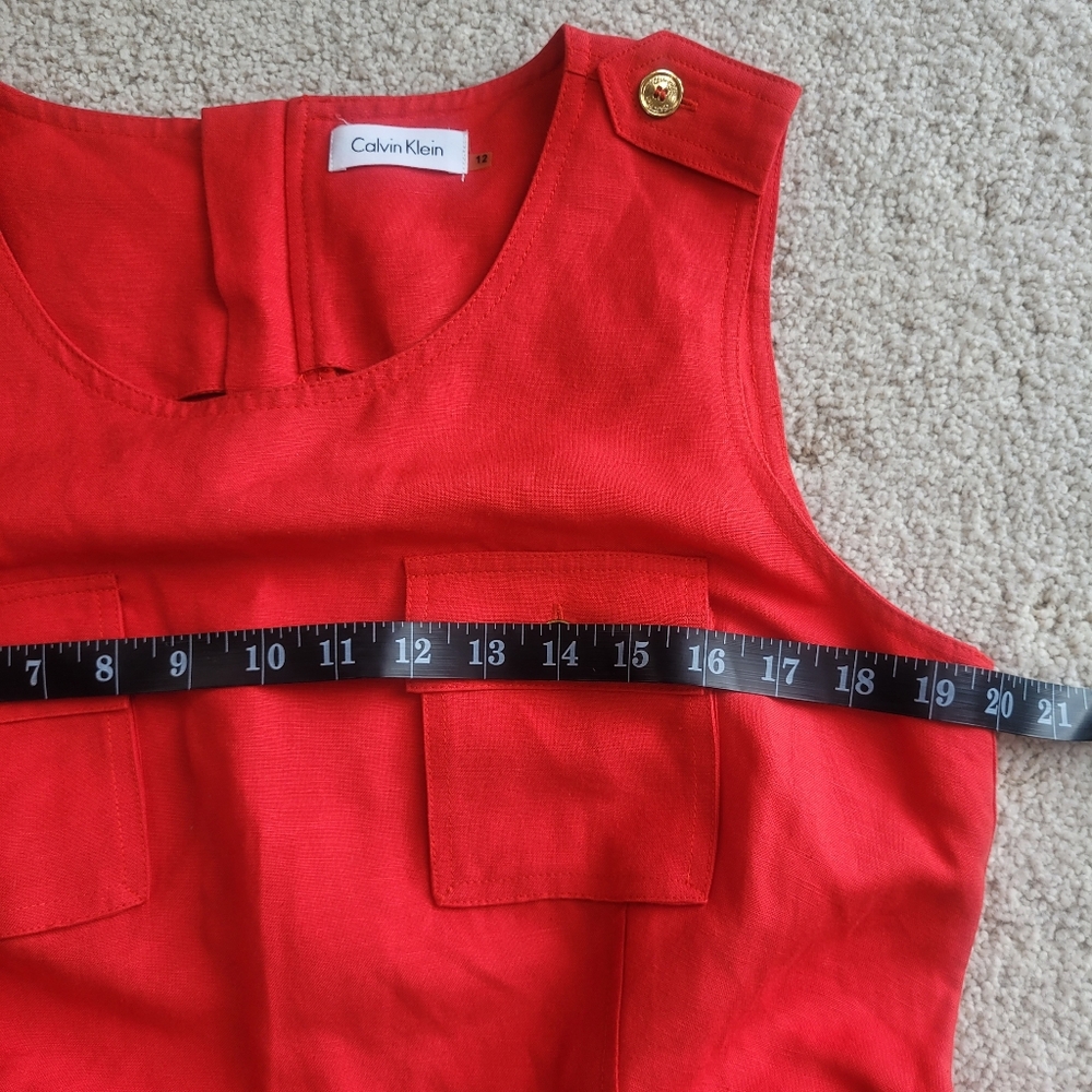 Chic Calvin Klein Red Linen Sleeveless Belted Dress Size 12 W/Pockets Like New - Picture 8 of 13